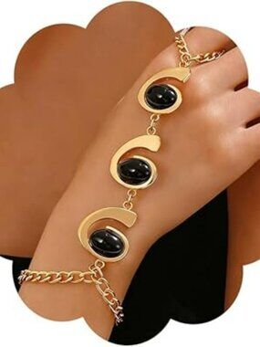 NEW Silver Hand Chain Bracelet Ring Baroque Boho Open Ring Hand Chain Oval Cuff